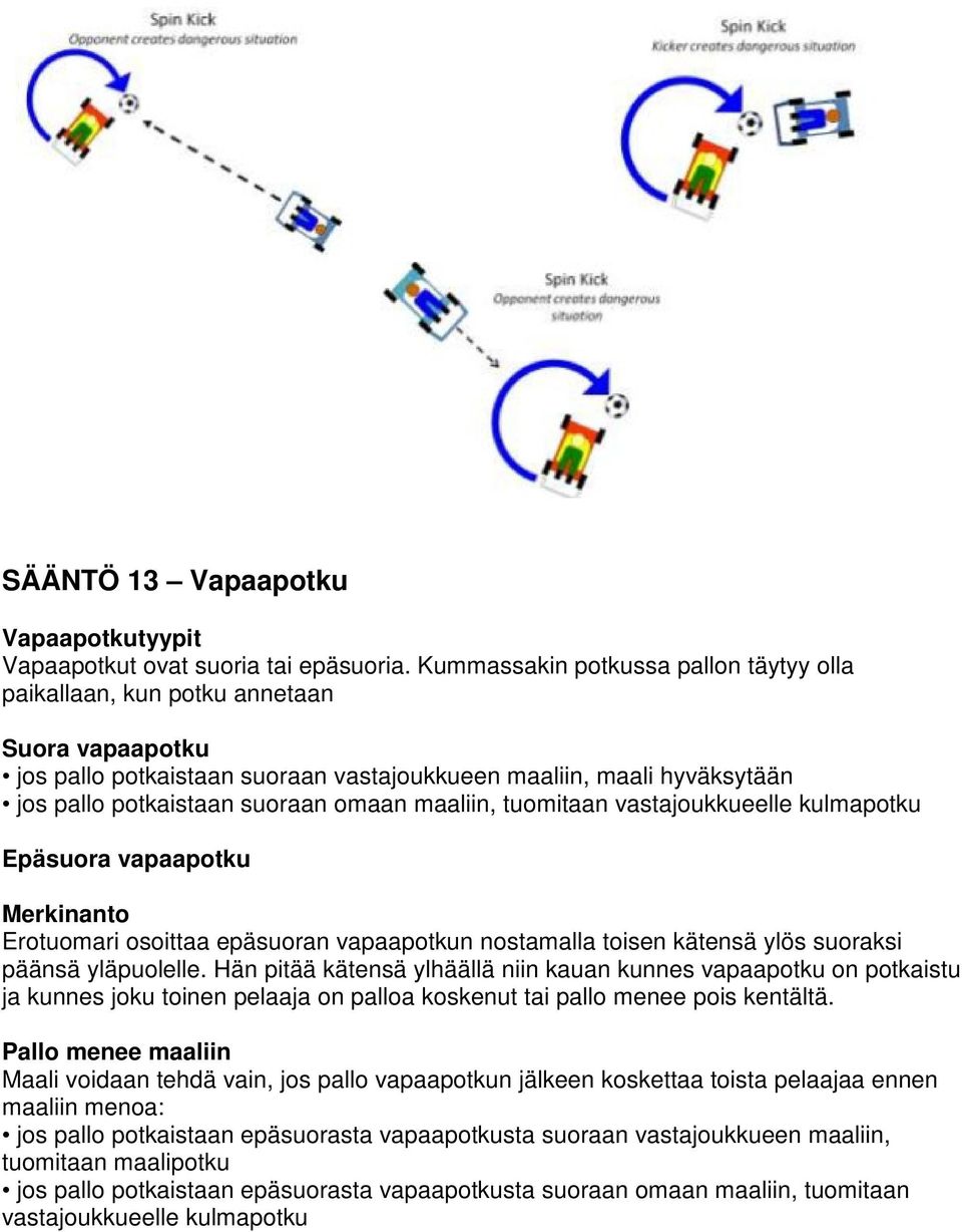 maaliin, tuomitaan vastajoukkueelle kulmapotku Epäsuora vapaapotku Merkinanto Erotuomari osoittaa epäsuoran vapaapotkun nostamalla toisen kätensä ylös suoraksi päänsä yläpuolelle.