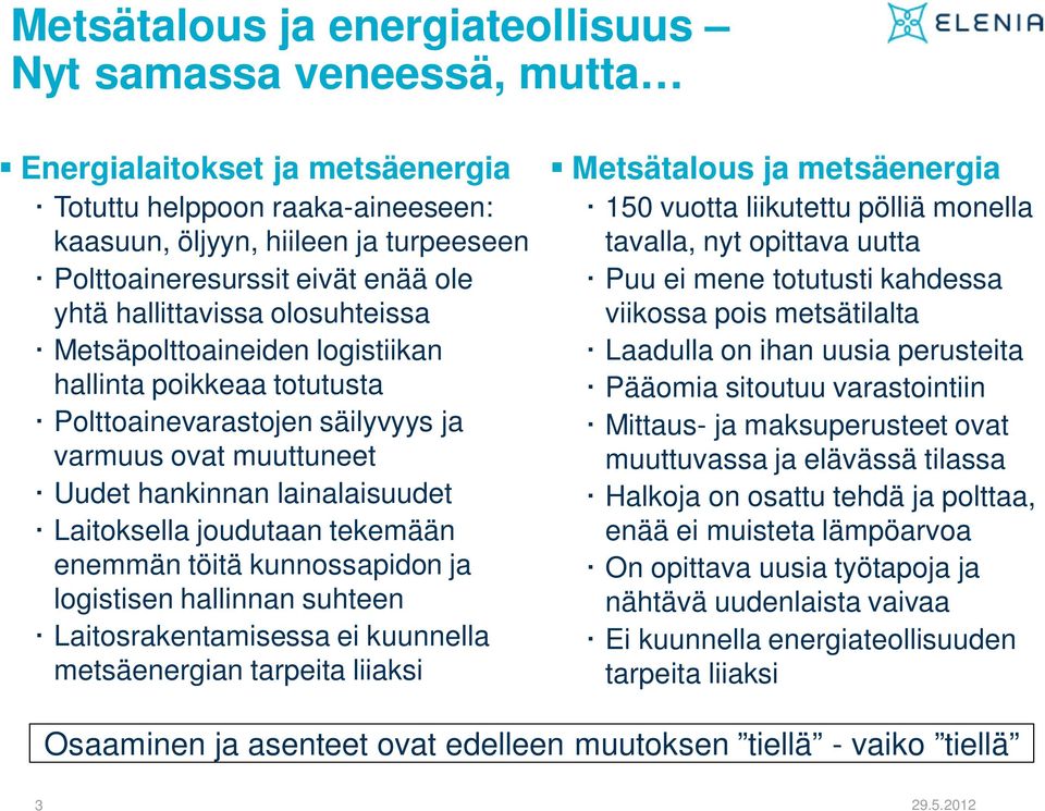 joudutaan tekemään enemmän töitä kunnossapidon ja logistisen hallinnan suhteen Laitosrakentamisessa ei kuunnella metsäenergian tarpeita liiaksi Metsätalous ja metsäenergia 150 vuotta liikutettu