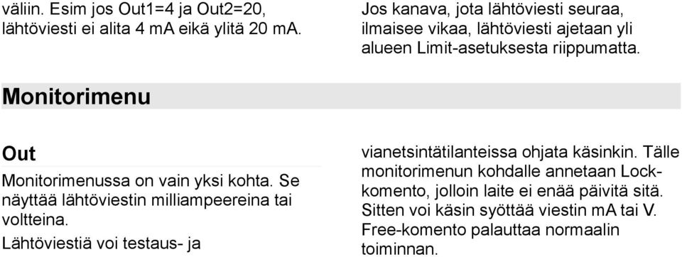 Monitorimenu Out Monitorimenussa on vain yksi kohta. Se näyttää lähtöviestin milliampeereina tai voltteina.