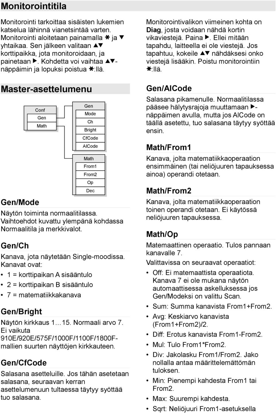 Vaihtoehdot kuvattu ylempänä kohdassa Normaalitila ja merkkivalot. Gen/Ch Conf Gen Math Kanava, jota näytetään Single-moodissa.