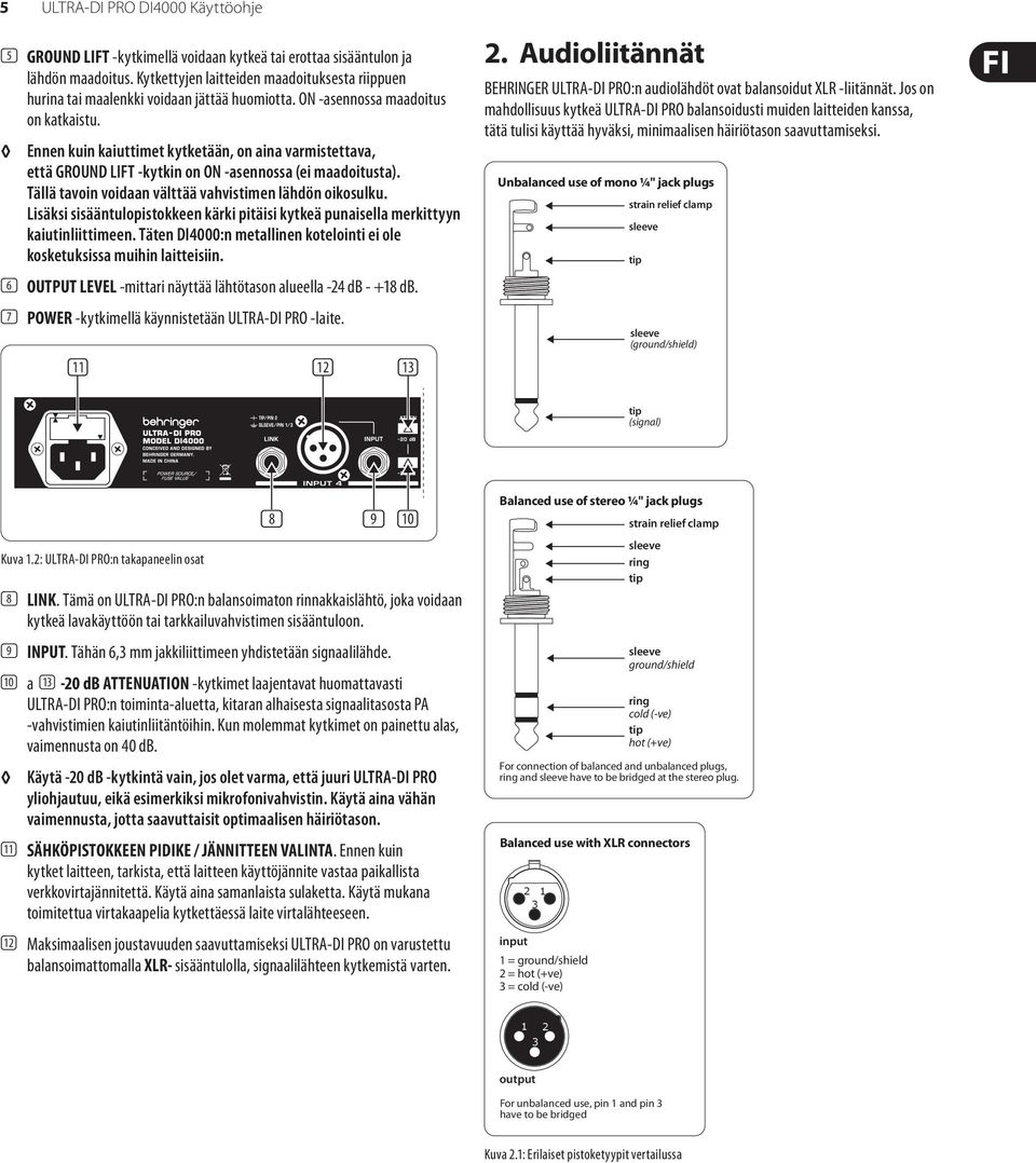 Ennen kuin kaiuttimet kytketään, on aina varmistettava, että GROUND LIFT -kytkin on ON -asennossa (ei maadoitusta). Tällä tavoin voidaan välttää vahvistimen lähdön oikosulku.