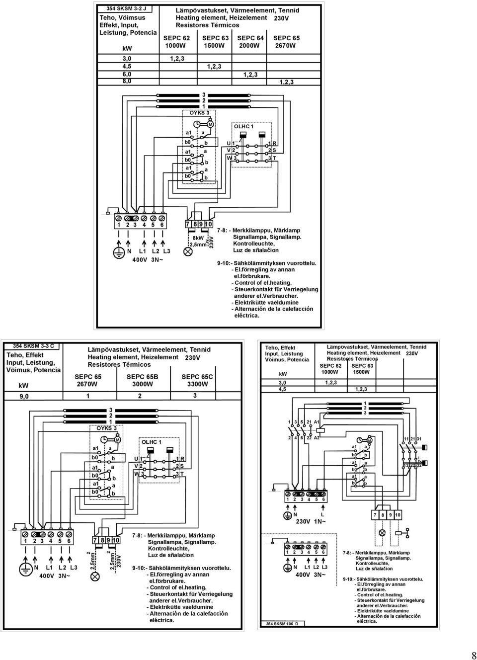 Kontrolleuchte, Luz de snlcion ~ 9-0:- Sähkölämmityksen vuorottelu. - El.förregling v nnn el.förrukre. - Control of el.heting. - Steuerkontkt für Verriegelung nderer el.verrucher.