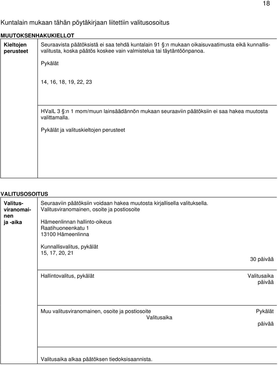 Pykälät 14, 16, 18, 19, 22, 23 HValL 3 :n 1 mom/muun lainsäädännön mukaan seuraaviin päätöksiin ei saa hakea muutosta valittamalla.