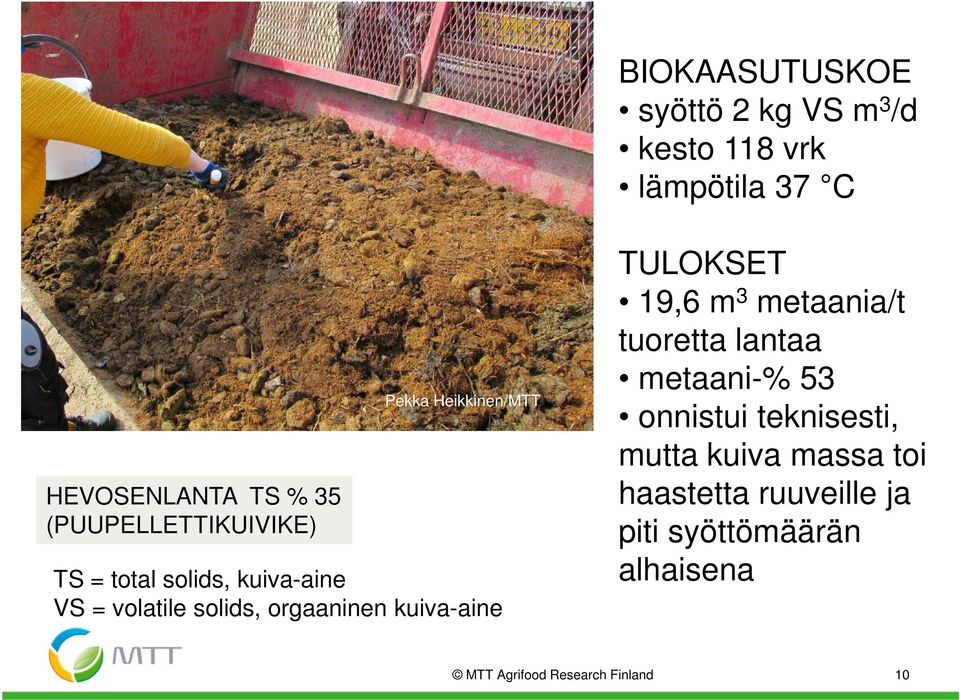 orgaaninen kuiva-aine TULOKSET 19,6 m 3 metaania/t tuoretta lantaa metaani-% 53 onnistui teknisesti,