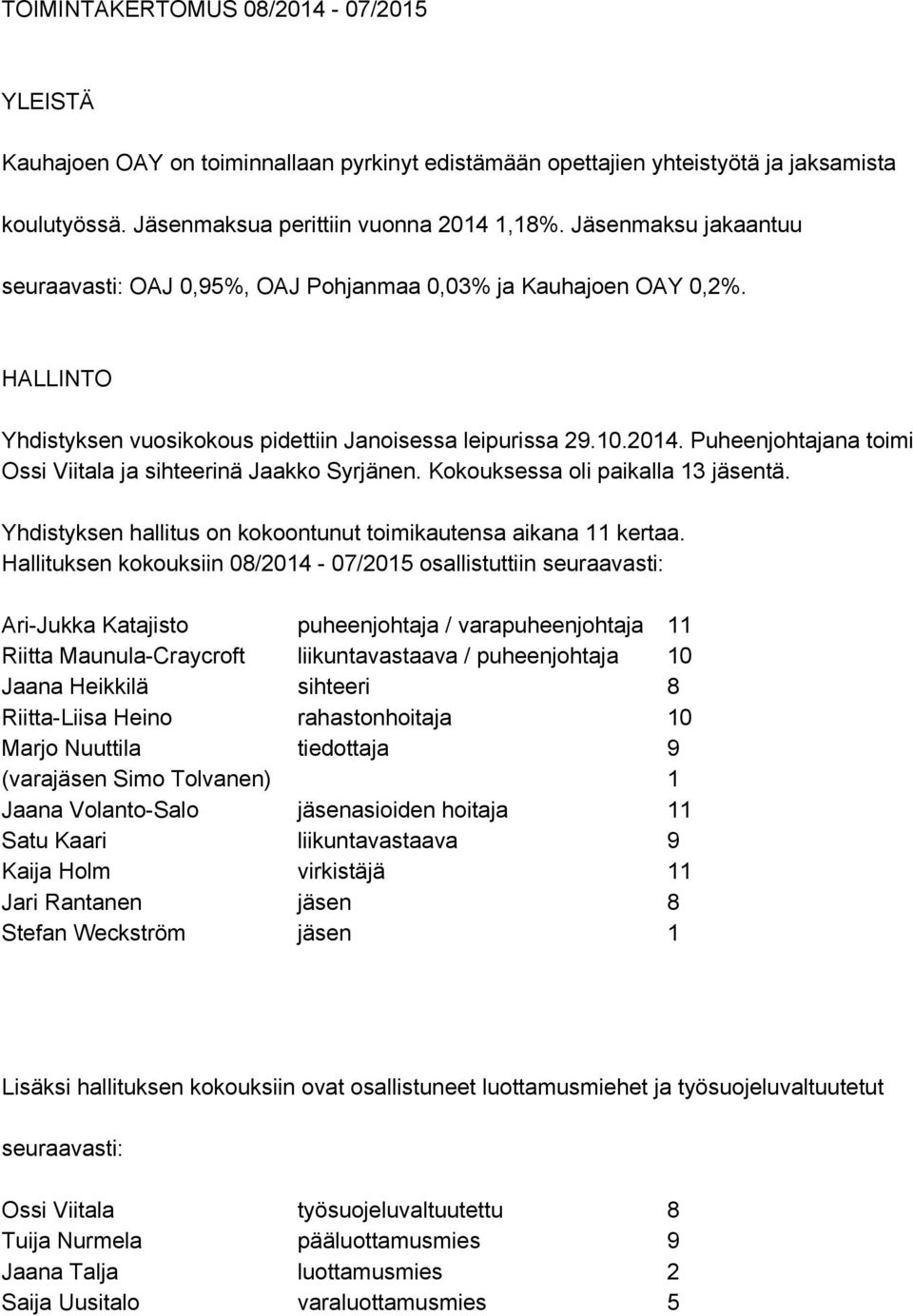 Puheenjohtajana toimi Ossi Viitala ja sihteerinä Jaakko Syrjänen. Kokouksessa oli paikalla 13 jäsentä. Yhdistyksen hallitus on kokoontunut toimikautensa aikana 11 kertaa.