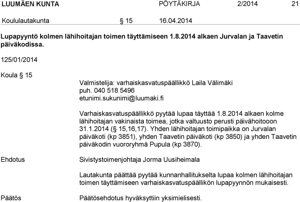 1.2014 ( 15,16,17). Yhden lähihoitajan toimipaikka on Jurvalan päiväkoti (kp 3851), yhden Taavetin päiväkoti (kp 3850) ja yhden Taavetin päiväkodin vuororyhmä Pupula (kp 3870).