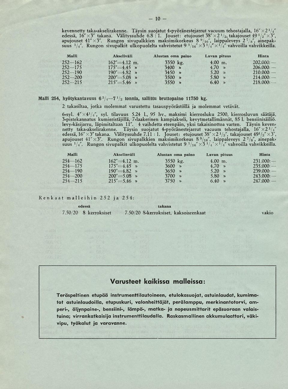 /4 Rungon sivupalkit ulkopuolelta vahvistetut 9 1 / /i6 x3 V/x 1 // vahvoilla vahvikkeilla. 252162 252175 252190 252200 252215 162"=4.12 m. 175"=4.45 190"=4.82 200"5.08 215"=5.46 3350 kg. 4.00 m.