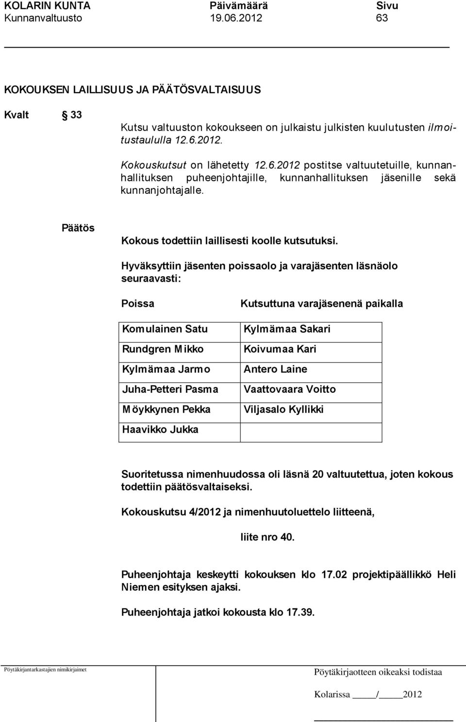 Hyväksyttiin jäsenten poissaolo ja varajäsenten läsnäolo seuraavasti: Poissa Komulainen Satu Rundgren Mikko Kylmämaa Jarmo Juha-Petteri Pasma Möykkynen Pekka Haavikko Jukka Kutsuttuna varajäsenenä