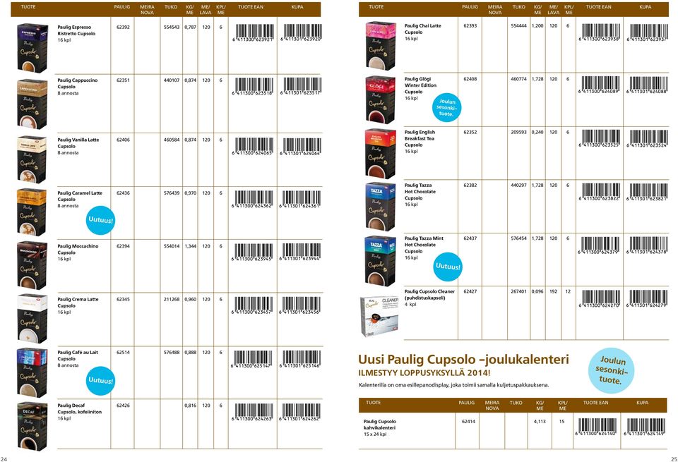 Paulig Vanilla Latte 62406 460584 0,874 120 6 8 annosta Paulig English 62352 209593 0,240 120 6 Breakfast Tea Paulig Caramel Latte 62436 576439 0,970 120 6 8 annosta Paulig Tazza 62382 440297 1,728