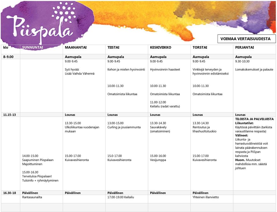 30 10.00-11.30 10.00-11.30 Keilailu (radat varattu) Majoittuminen Tuloinfo + ryhmäytyminen Ulkoliikuntaa vuodenajan mukaan 15.00-17.00 13.00-15.