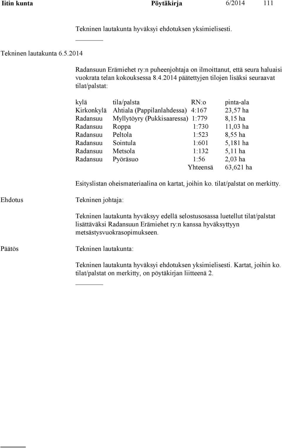 Radansuun Erämiehet ry:n puheenjohtaja on ilmoittanut, että seura haluaisi vuokrata telan kokouksessa 8.4.