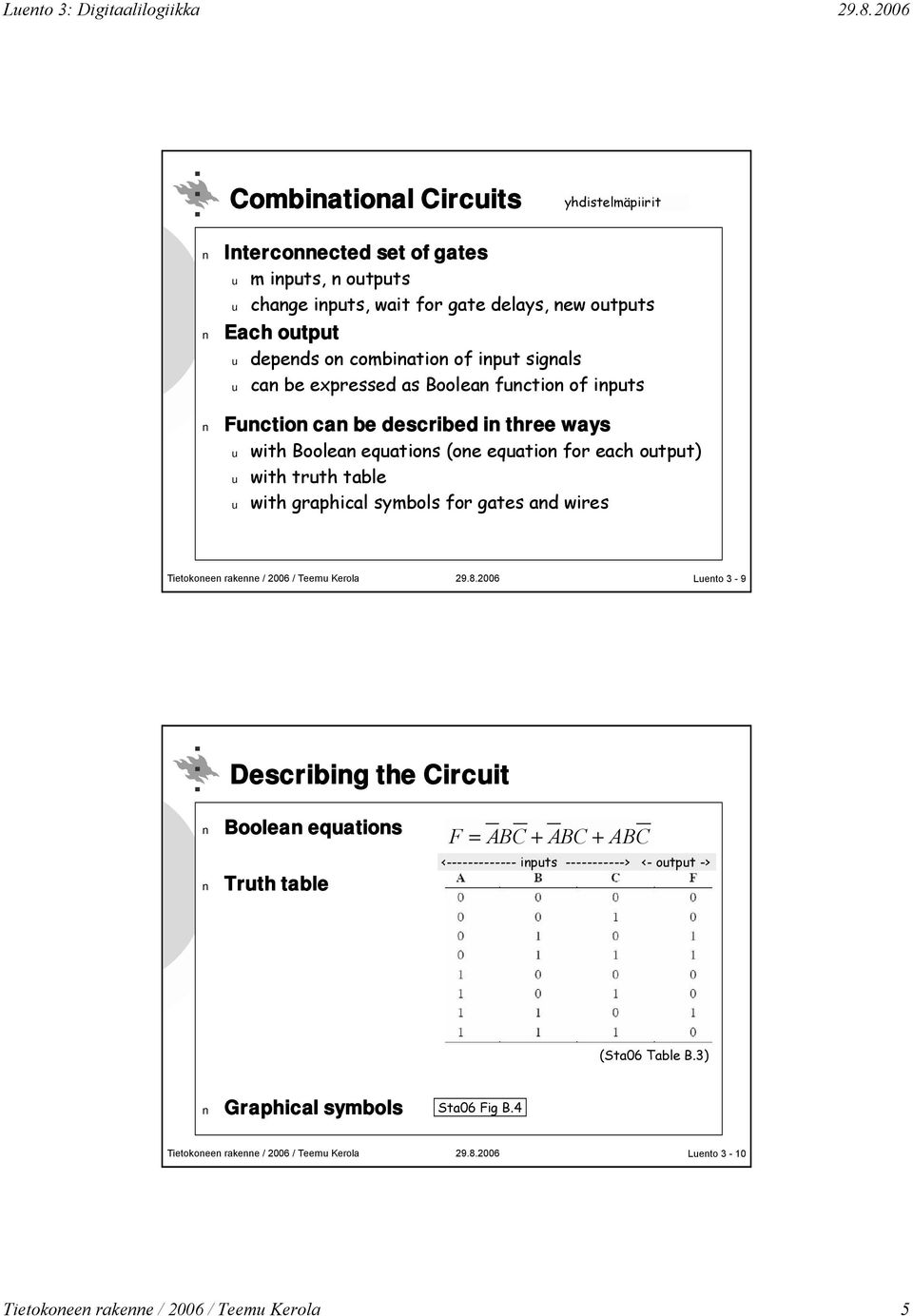 equation for each output) u with truth table u with graphical symbols for gates and wires Luento 3-9 Describing the Circuit Boolean equations Truth table F =