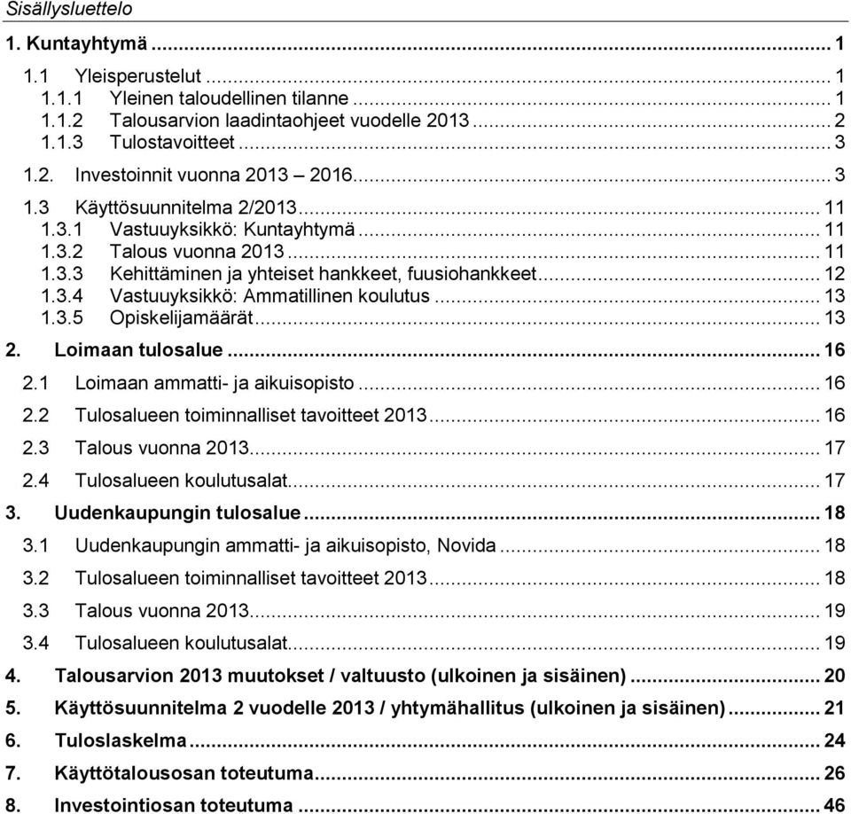 .. 13 1.3.5 Opiskelijamäärät... 13 2. Loimaan tulosalue... 16 2.1 Loimaan ammatti- ja aikuisopisto... 16 2.2 Tulosalueen toiminnalliset tavoitteet 2013... 16 2.3 Talous vuonna 2013... 17 2.