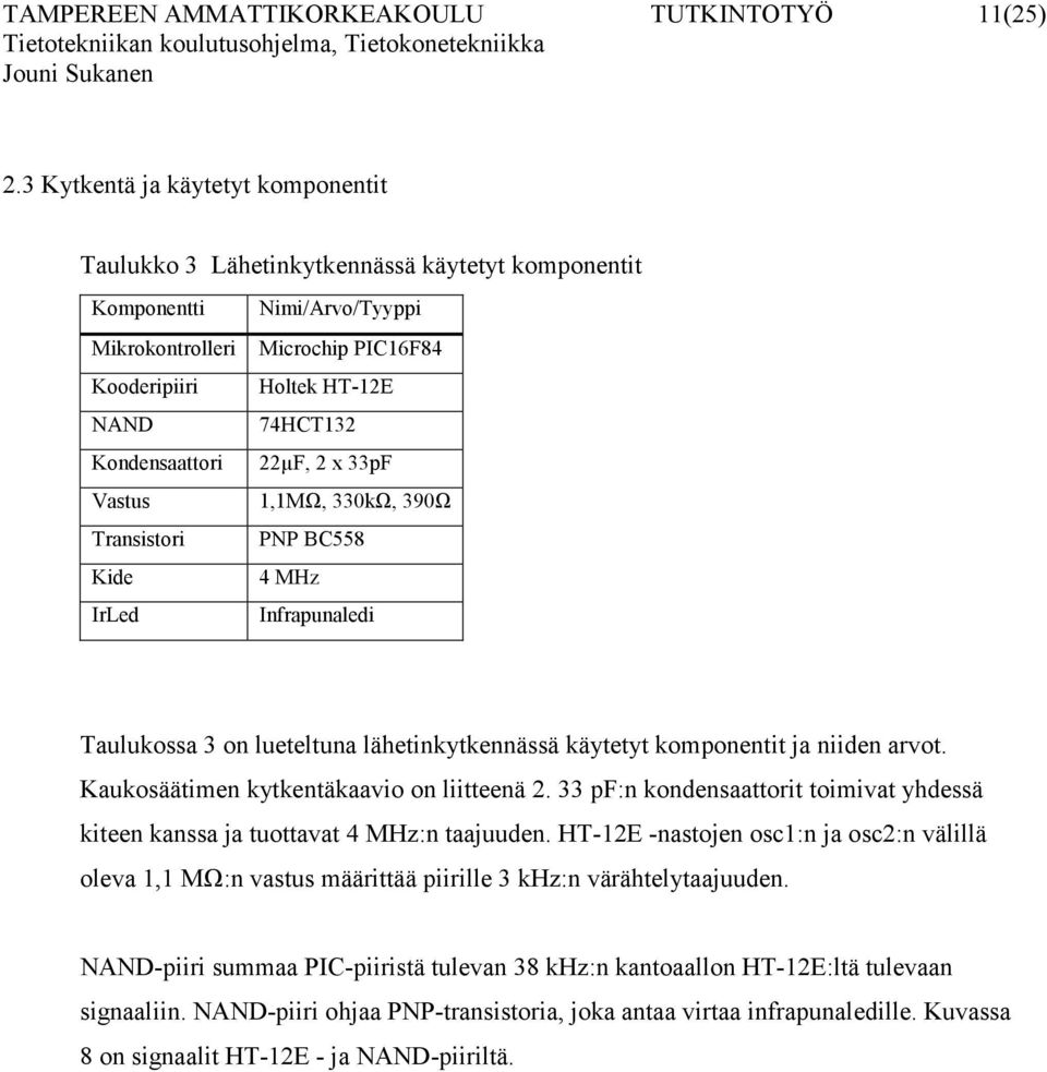 Microchip PIC16F84 Holtek HT-12E 74HCT132 22µF, 2 x 33pF 1,1MΩ, 330kΩ, 390Ω PNP BC558 4 MHz Infrapunaledi Taulukossa 3 on lueteltuna lähetinkytkennässä käytetyt komponentit ja niiden arvot.