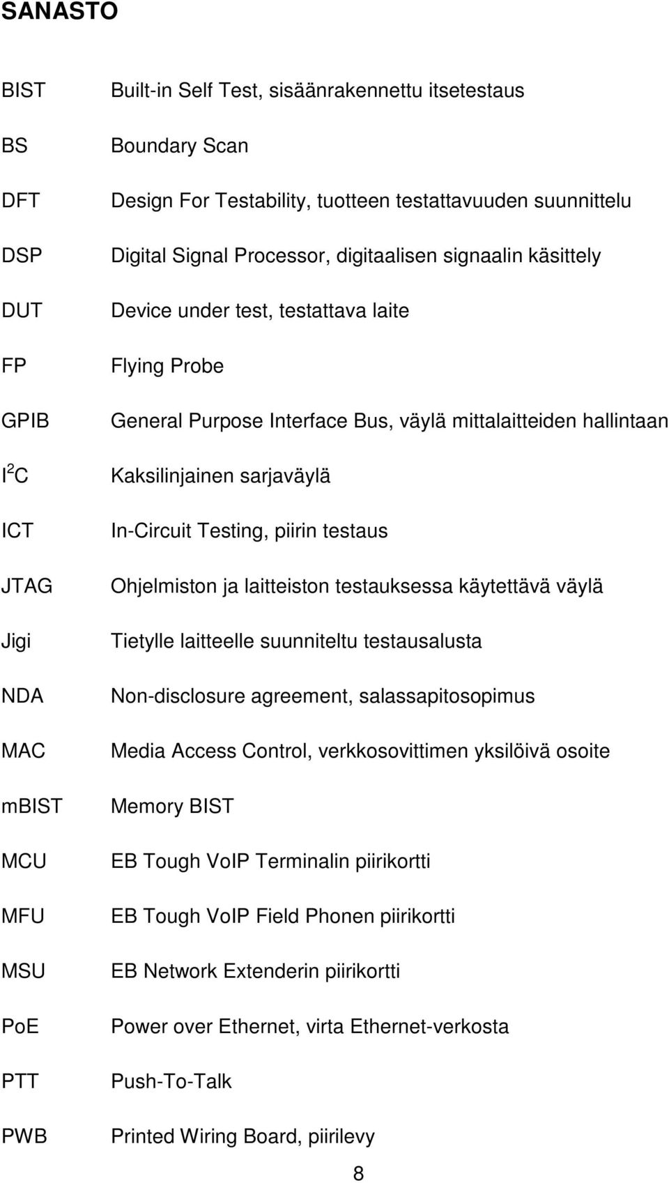 Kaksilinjainen sarjaväylä In-Circuit Testing, piirin testaus Ohjelmiston ja laitteiston testauksessa käytettävä väylä Tietylle laitteelle suunniteltu testausalusta Non-disclosure agreement,