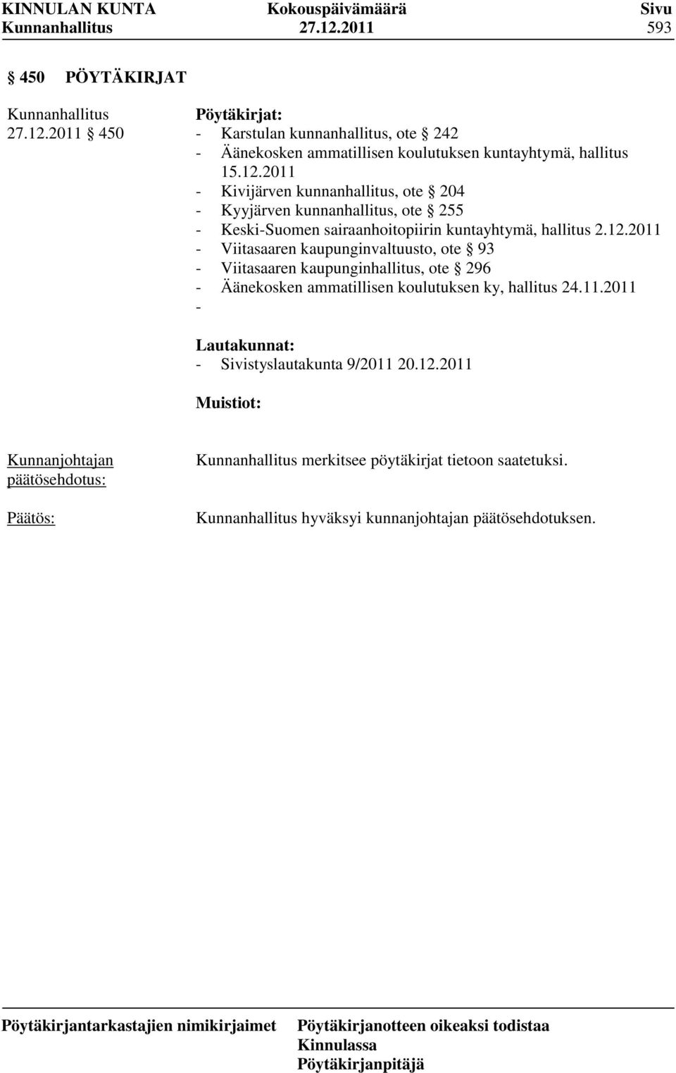 11.2011 - Lautakunnat: - Sivistyslautakunta 9/2011 20.12.2011 Muistiot: merkitsee pöytäkirjat tietoon saatetuksi.