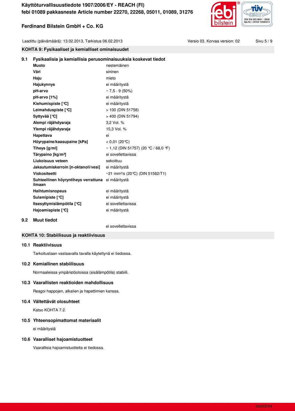 (DIN 51758) Syttyvää [ C] > 400 (DIN 51794) Alempi räjähdysraja 3,2 Vol. % Ylempi räjähdysraja 15,3 Vol.