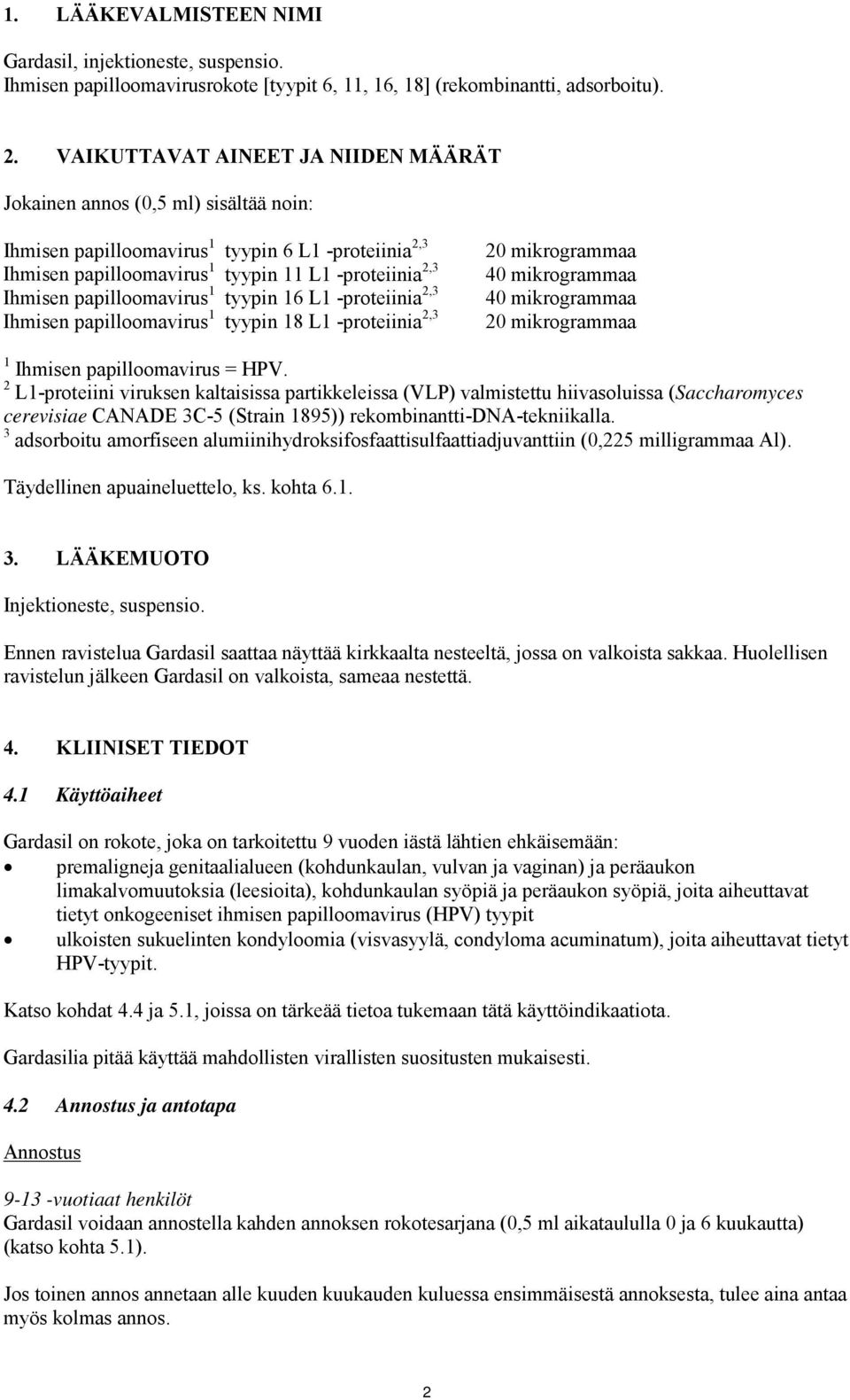 40 mikrogrammaa Ihmisen papilloomavirus 1 tyypin 16 L1 -proteiinia 2,3 40 mikrogrammaa Ihmisen papilloomavirus 1 tyypin 18 L1 -proteiinia 2,3 20 mikrogrammaa 1 Ihmisen papilloomavirus = HPV.