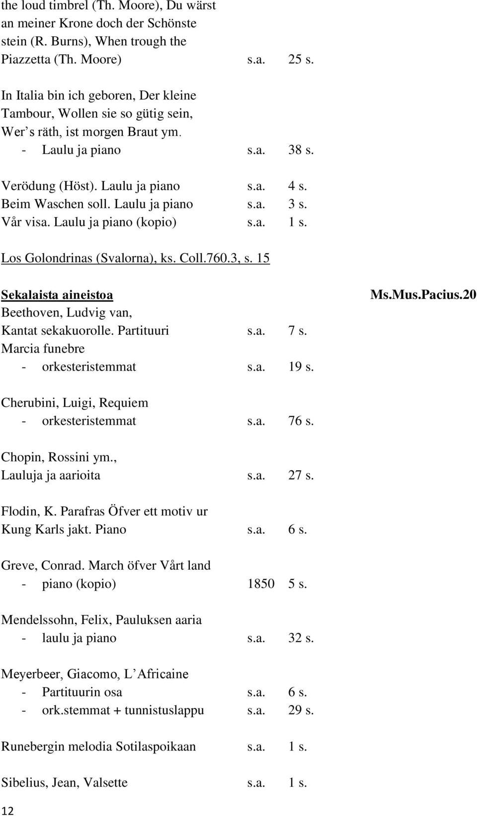 Laulu ja piano s.a. 3 s. Vår visa. Laulu ja piano (kopio) s.a. 1 s. Los Golondrinas (Svalorna), ks. Coll.760.3, s. 15 Sekalaista aineistoa Beethoven, Ludvig van, Kantat sekakuorolle. Partituuri s.a. 7 s.