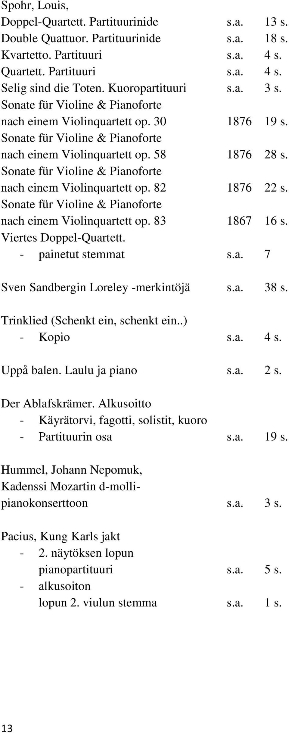 Sonate für Violine & Pianoforte nach einem Violinquartett op. 82 1876 22 s. Sonate für Violine & Pianoforte nach einem Violinquartett op. 83 1867 16 s. Viertes Doppel-Quartett. - painetut stemmat s.a. 7 Sven Sandbergin Loreley -merkintöjä s.