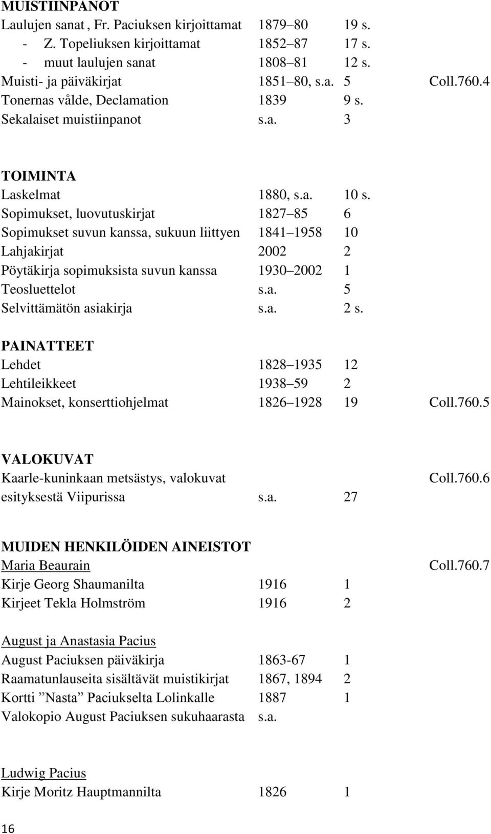 Sopimukset, luovutuskirjat 1827 85 6 Sopimukset suvun kanssa, sukuun liittyen 1841 1958 10 Lahjakirjat 2002 2 Pöytäkirja sopimuksista suvun kanssa 1930 2002 1 Teosluettelot s.a. 5 Selvittämätön asiakirja s.