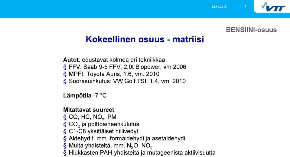 2010 Lämpötila 7 C Mitattavat suureet: CO, HC, NO x, PM CO 2 ja polttoaineenkulutus C1 C8 yksittäiset