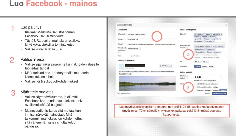 Määrittele budjettisi Valitse käytettävä summa, ja aikaväli. Facebook kertoo odotetut tulokset, jonka avulla voit säätää budjettia. Mainosbudjettisi kuluu sitä mukaa, kun ihmiset näkevät mainostasi.