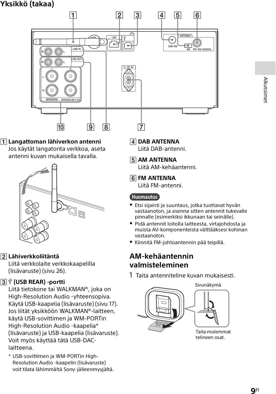 Pidä antennit loitolla laitteesta, virtajohdosta ja muista AV-komponenteista välttääksesi kohinan vastaanoton. Kiinnitä FM-johtoantennin pää teipillä.