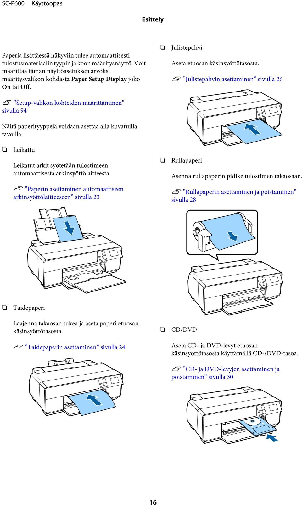 U Setup-valikon kohteiden määrittäminen sivulla 94 Näitä paperityyppejä voidaan asettaa alla kuvatuilla tavoilla. Julistepahvi Aseta etuosan käsinsyöttötasosta.