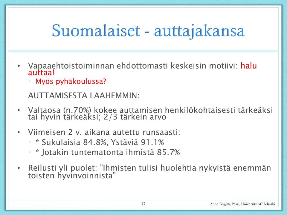 70%) kokee auttamisen henkilökohtaisesti tärkeäksi tai hyvin tärkeäksi; 2/3 tärkein arvo Viimeisen 2 v.