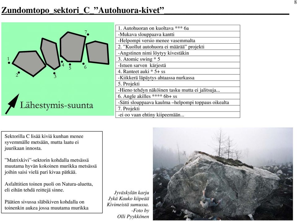 Projekti -Hieno tehdyn näköinen tasku mutta ei jalitsuja... 6. Angle akilles **** 6b+ ss -Sätti slouppaava kaulma helpompi toppaus oikealta 7. Projekti -ei oo vaan ehtiny kiipeemään.