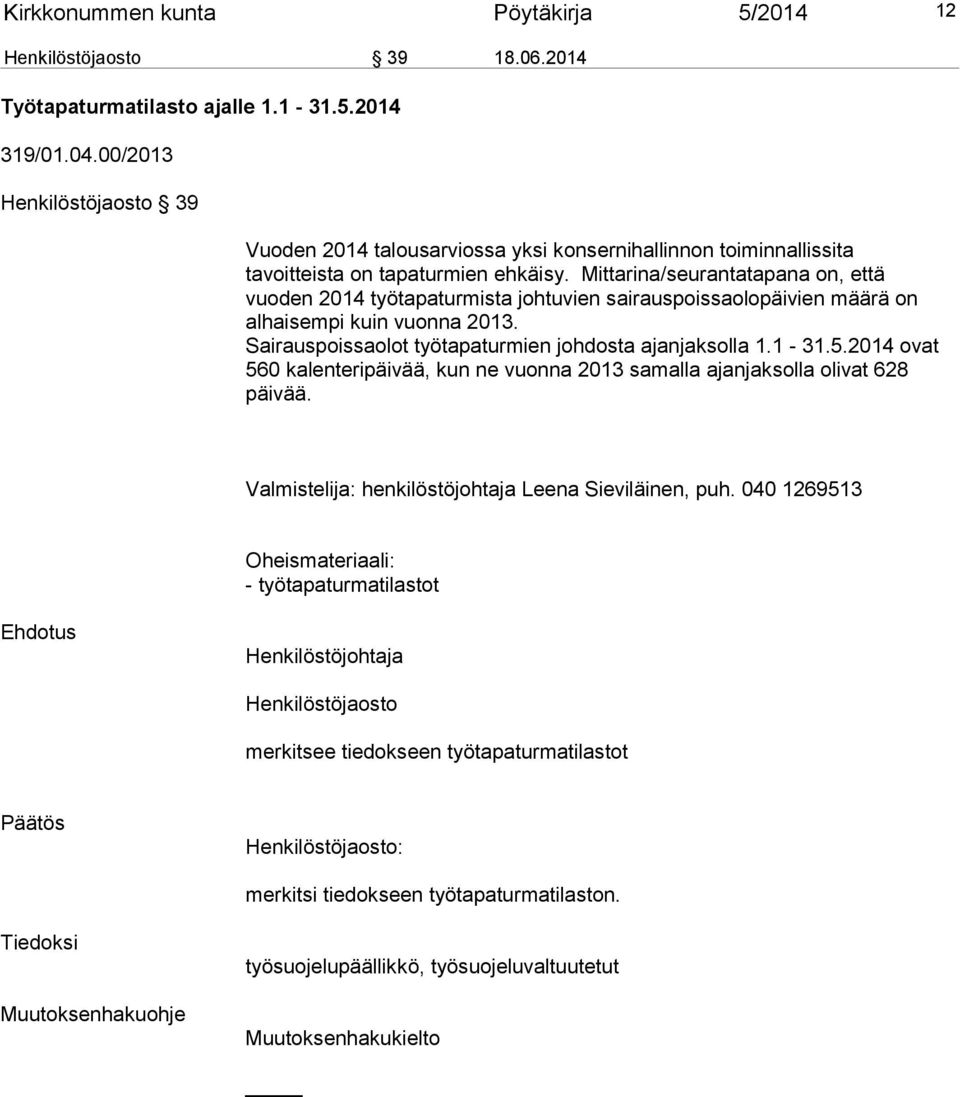 Mittarina/seurantatapana on, että vuoden 2014 työtapaturmista johtuvien sairauspoissaolopäivien määrä on alhaisempi kuin vuonna 2013. Sairauspoissaolot työtapaturmien johdosta ajanjaksolla 1.1-31.5.