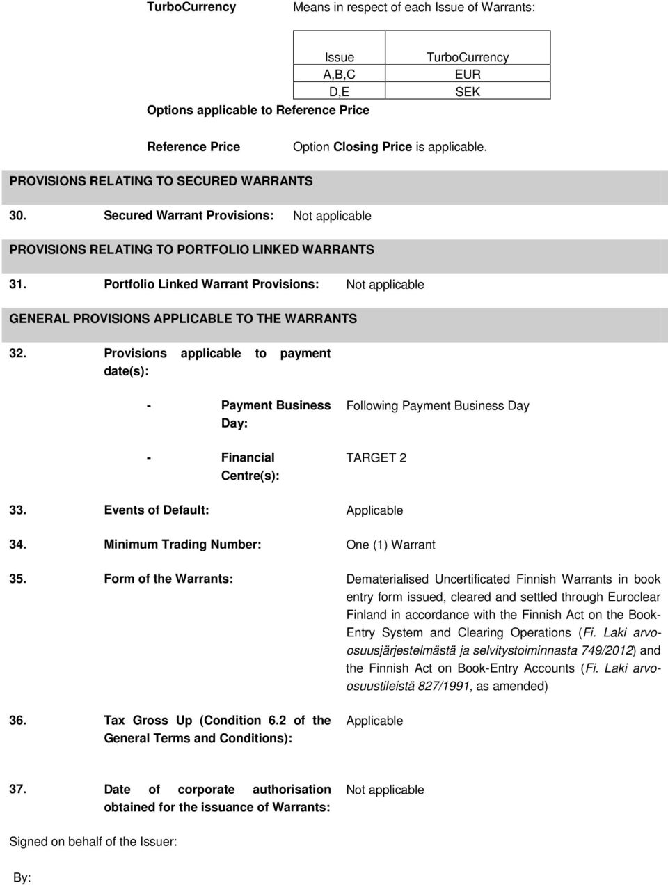 Portfolio Linked Warrant Provisions: Not applicable GENERAL PROVISIONS APPLICABLE TO THE WARRANTS 32.