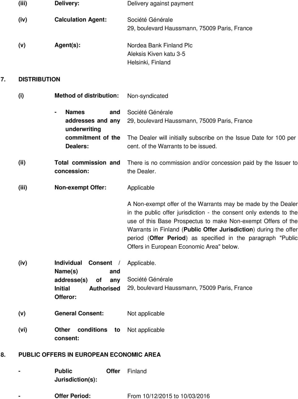 DISTRIBUTION (i) Method of distribution: Non-syndicated - Names and addresses and any underwriting commitment of the Dealers: Société Générale 29, boulevard Haussmann, 75009 Paris, France The Dealer