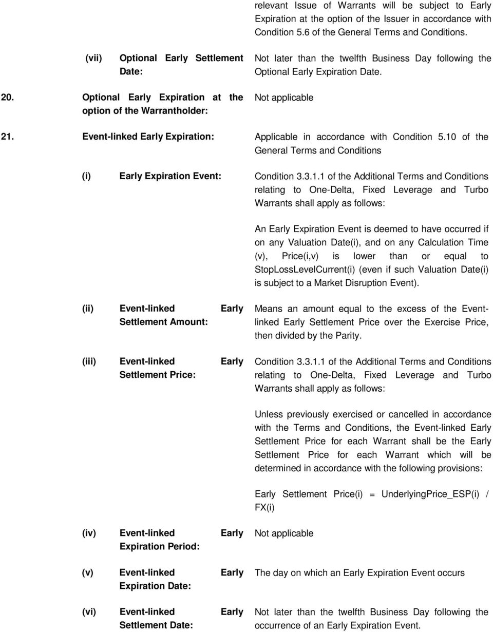 Optional Early Expiration at the option of the Warrantholder: Not applicable 21. Event-linked Early Expiration: Applicable in accordance with Condition 5.