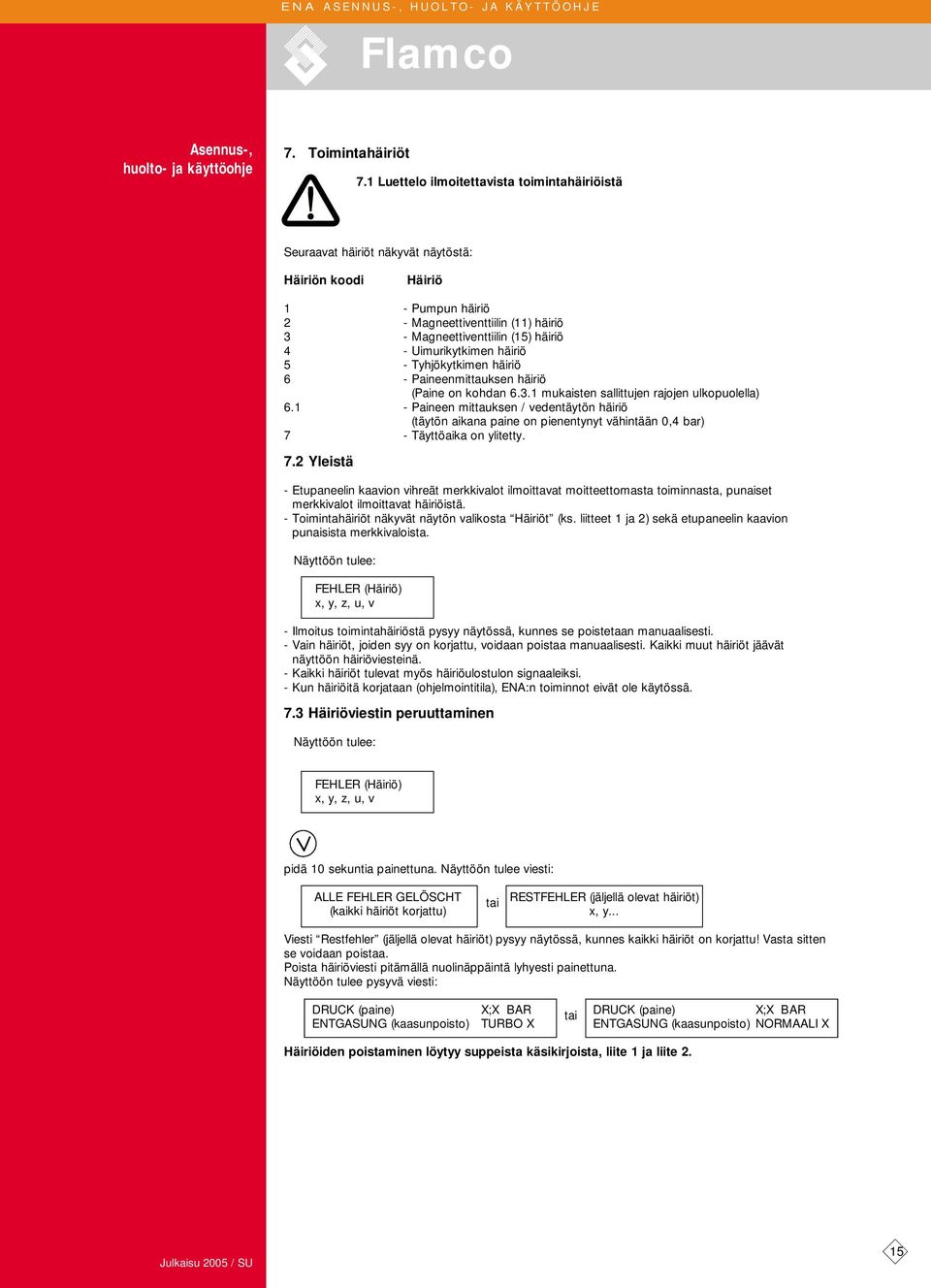 Uimurikytkimen häiriö 5 - Tyhjökytkimen häiriö 6 - Paineenmittauksen häiriö (Paine on kohdan 6.3.1 mukaisten sallittujen rajojen ulkopuolella) 6.