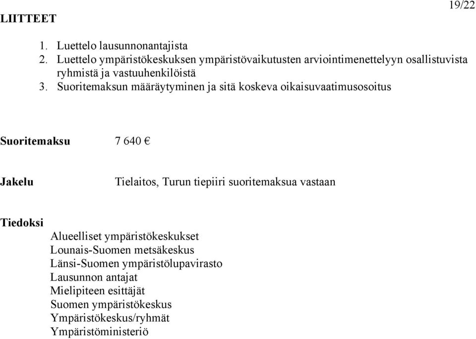 Suoritemaksun määräytyminen ja sitä koskeva oikaisuvaatimusosoitus Suoritemaksu 7 640 Jakelu Tielaitos, Turun tiepiiri