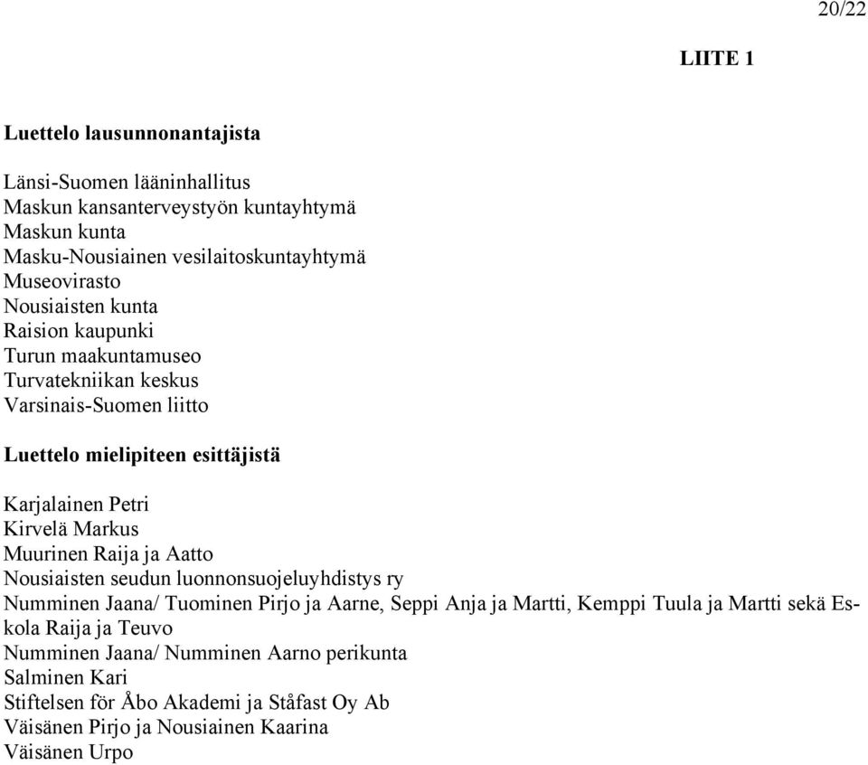 Kirvelä Markus Muurinen Raija ja Aatto Nousiaisten seudun luonnonsuojeluyhdistys ry Numminen Jaana/ Tuominen Pirjo ja Aarne, Seppi Anja ja Martti, Kemppi Tuula ja