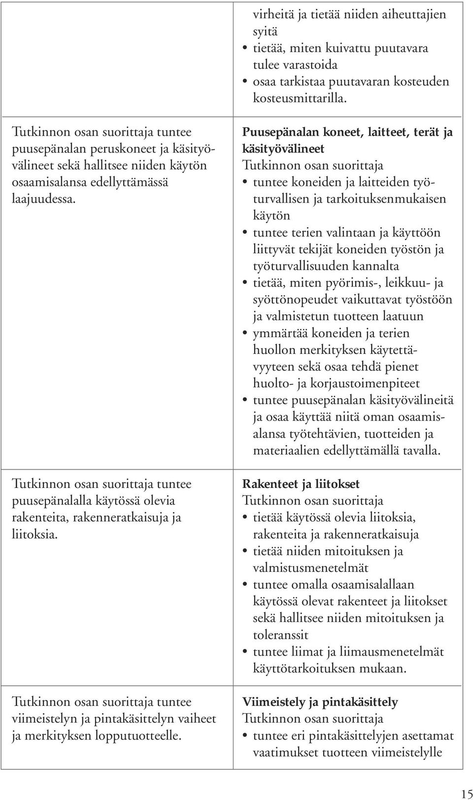 tuntee puusepänalalla käytössä olevia rakenteita, rakenneratkaisuja ja liitoksia. tuntee viimeistelyn ja pintakäsittelyn vaiheet ja merkityksen lopputuotteelle.