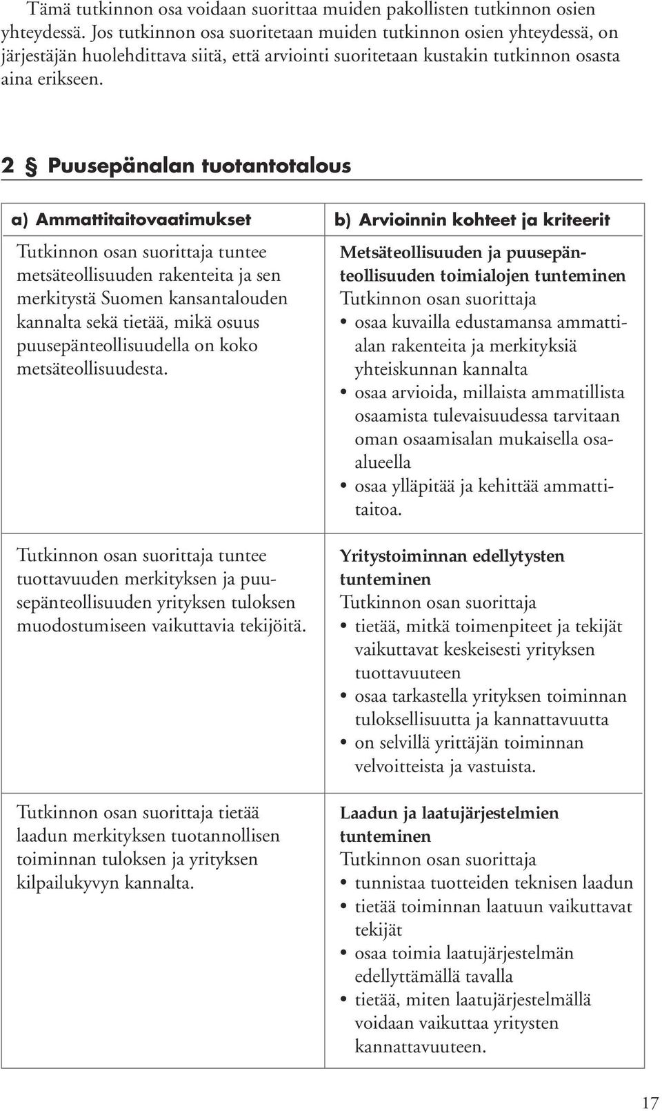 2 Puusepänalan tuotantotalous a) Ammattitaitovaatimukset tuntee metsäteollisuuden rakenteita ja sen merkitystä Suomen kansantalouden kannalta sekä tietää, mikä osuus puusepänteollisuudella on koko