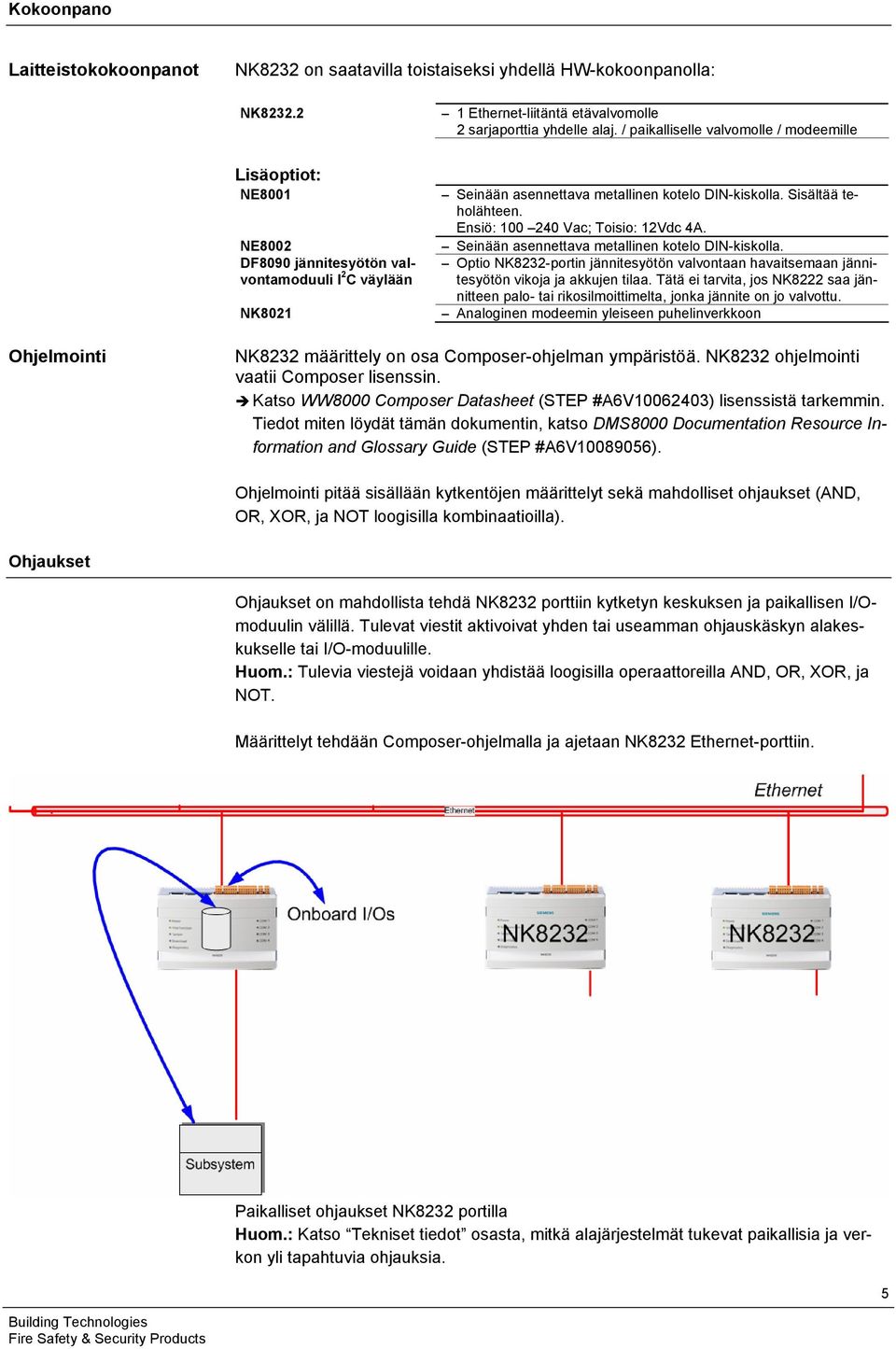 Ensiö: 100 240 Vac; Toisio: 12Vdc 4A. Seinään asennettava metallinen kotelo DIN-kiskolla. Optio NK8232-portin jännitesyötön valvontaan havaitsemaan jännitesyötön vikoja ja akkujen tilaa.