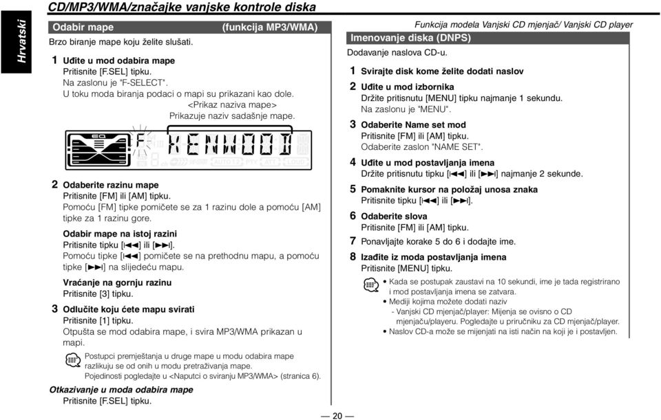 Pomoću [FM] tipke pomičete se za 1 razinu dole a pomoću [AM] tipke za 1 razinu gore. Odabir mape na istoj razini Pritisnite tipku [4] ili [ ].
