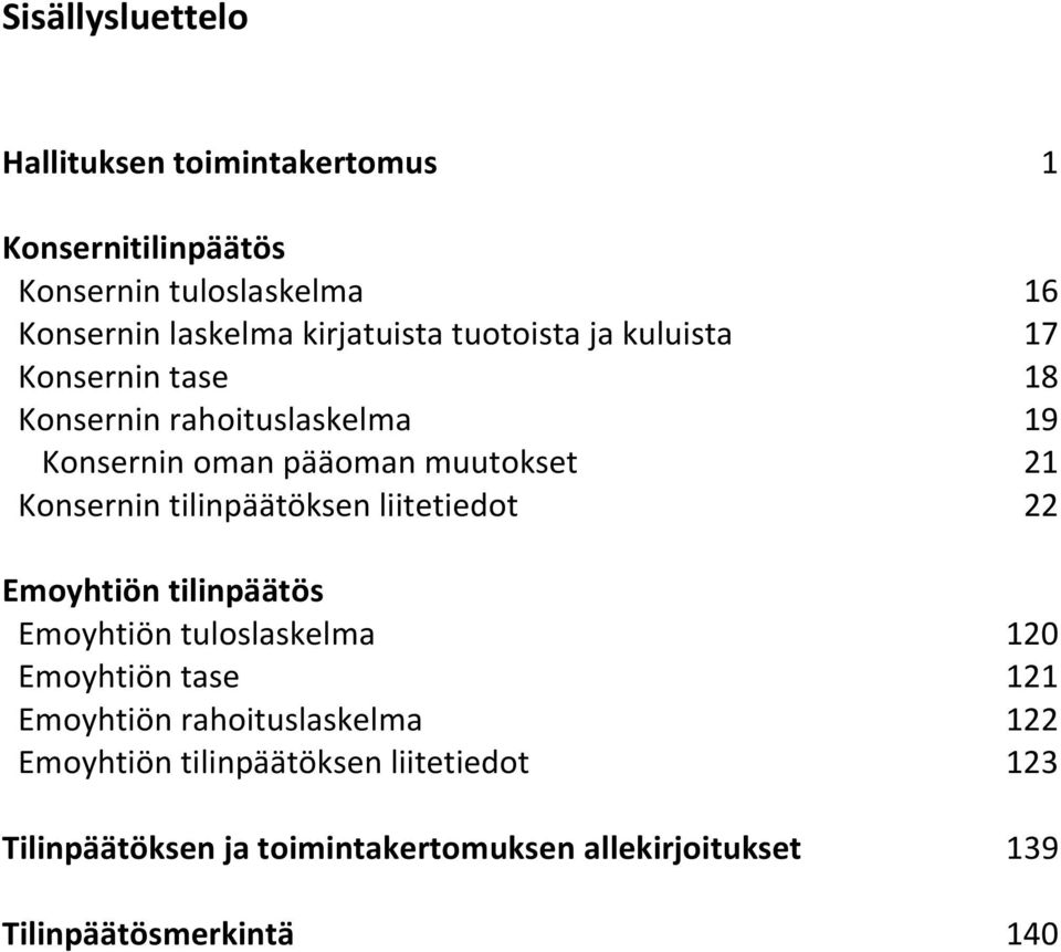 Konsernin tilinpäätöksen liitetiedot 22 Emoyhtiön tilinpäätös Emoyhtiön tuloslaskelma 120 Emoyhtiön tase 121 Emoyhtiön