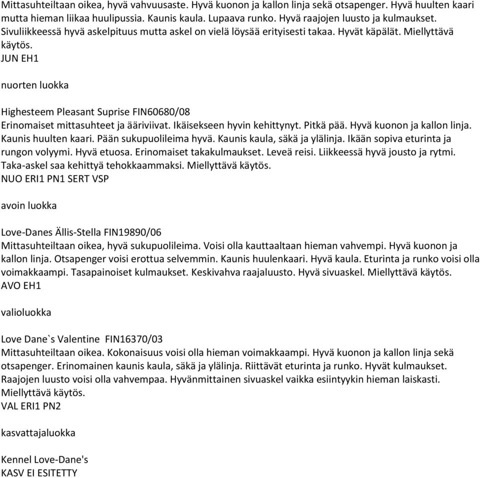 JUN EH1 nuorten luokka Highesteem Pleasant Suprise FIN60680/08 Erinomaiset mittasuhteet ja ääriviivat. Ikäisekseen hyvin kehittynyt. Pitkä pää. Hyvä kuonon ja kallon linja. Kaunis huulten kaari.