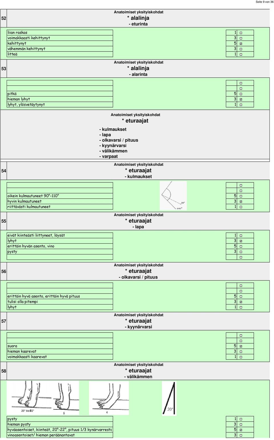 eivät kiinteästi liittyneet, löysät lyhyt erittäin hyvän asento, vino pysty 6 * eturaajat - olkavarsi / pituus erittäin hyvä asento, erittäin hyvä pituus tulisi olla pitempi lyhyt 7 *