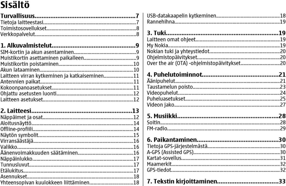 ..12 2. Laitteesi...13 Näppäimet ja osat...12 Aloitusnäyttö...14 Offline-profiili...14 Näytön symbolit...15 Virransäästäjä...16 Valikko...16 Äänenvoimakkuuden säätäminen...16 Näppäinlukko.