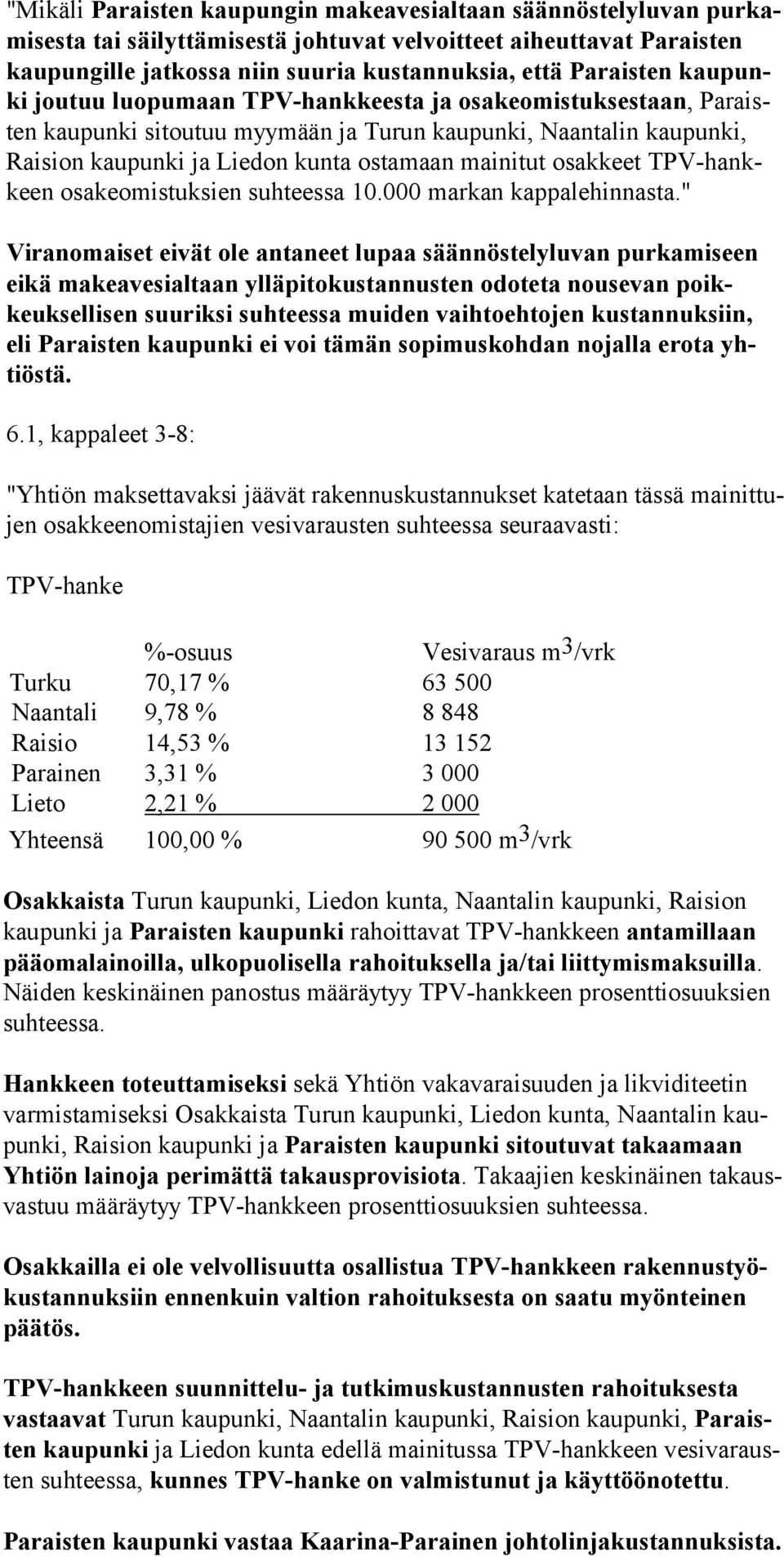 TPV-hankkeen osakeomistuksien suhteessa 10.000 markan kappalehinnasta.