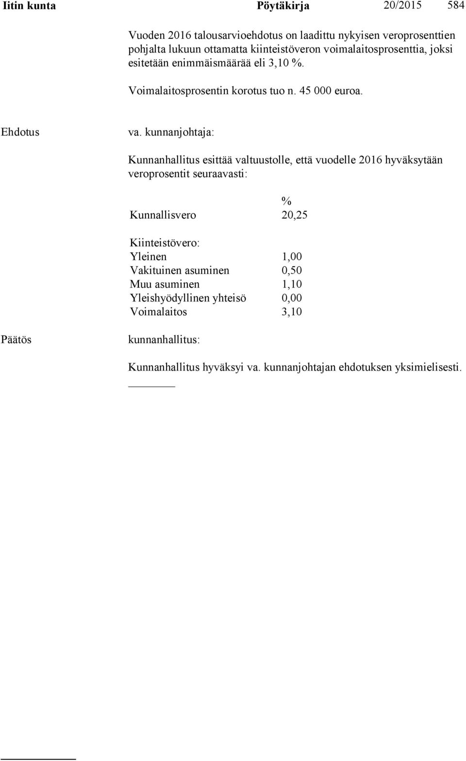 kunnanjohtaja: Kunnanhallitus esittää valtuustolle, että vuodelle 2016 hyväksytään veroprosentit seuraavasti: % Kunnallisvero 20,25