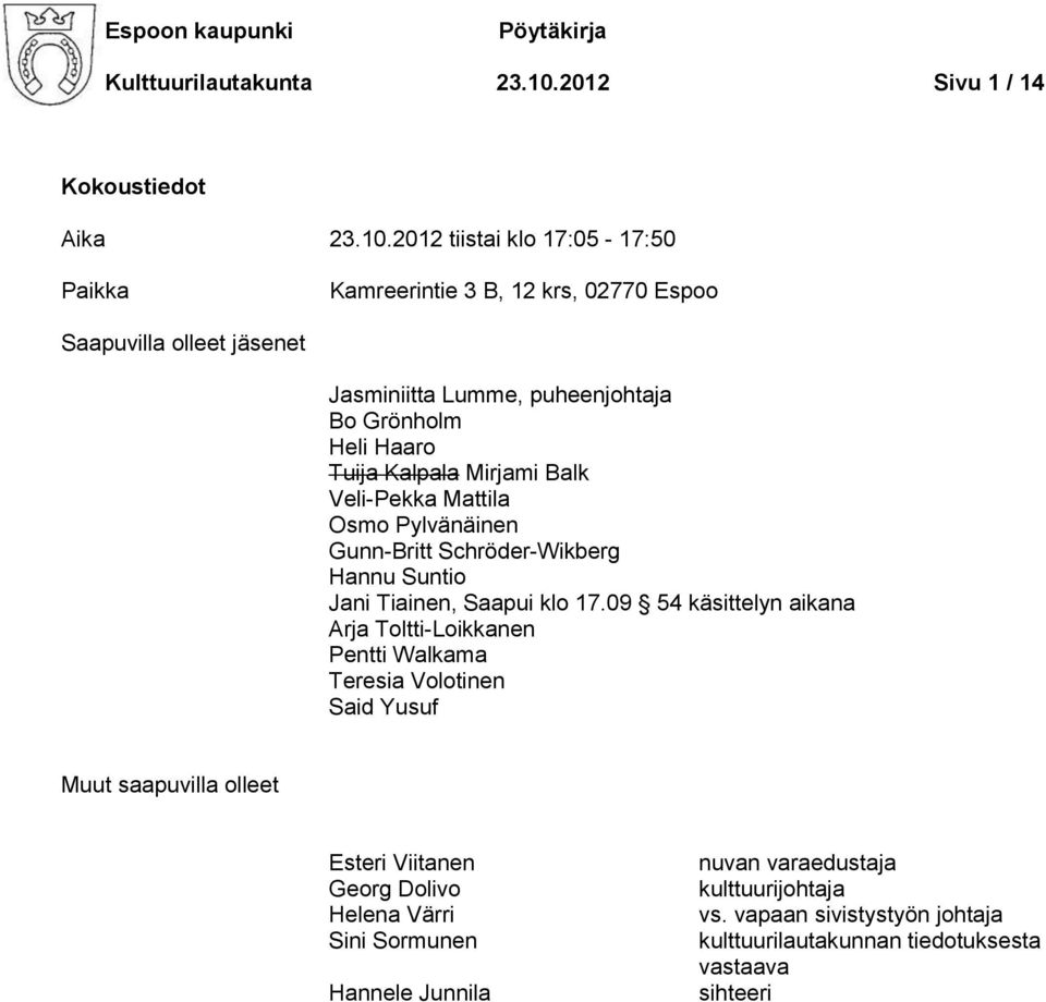 2012 tiistai klo 17:05-17:50 Paikka Kamreerintie 3 B, 12 krs, 02770 Espoo Saapuvilla olleet jäsenet Jasminiitta Lumme, puheenjohtaja Bo Grönholm Heli Haaro Tuija Kalpala