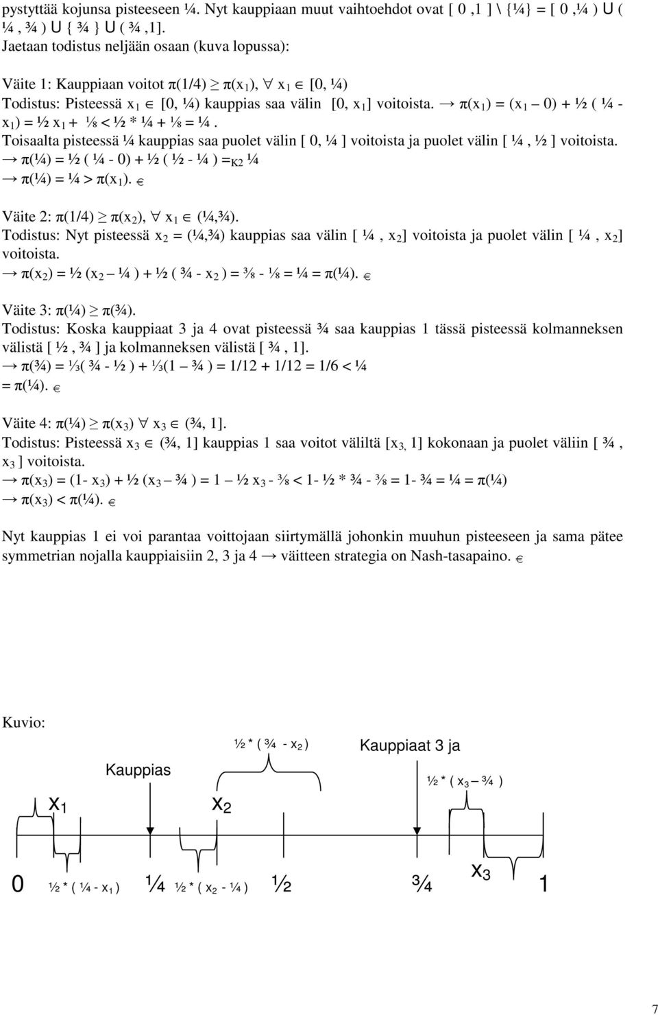 π(x ) (x 0) + ½ ( ¼ - x ) ½ x + ⅛ < ½ ¼ + ⅛ ¼. Toisaalta isteessä ¼ kauias saa uolet välin [ 0, ¼ ] voitoista ja uolet välin [ ¼, ½ ] voitoista. π(¼) ½ ( ¼ - 0) + ½ ( ½ - ¼ ) K ¼ π(¼) ¼ > π(x ).